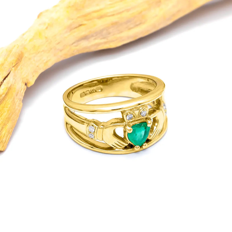 Emerald and Diamond Wide-Band Claddagh Ring
