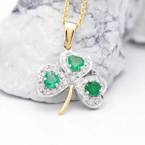 Gold Heartshaped Emerald And Diamond Shamrock Pendant
