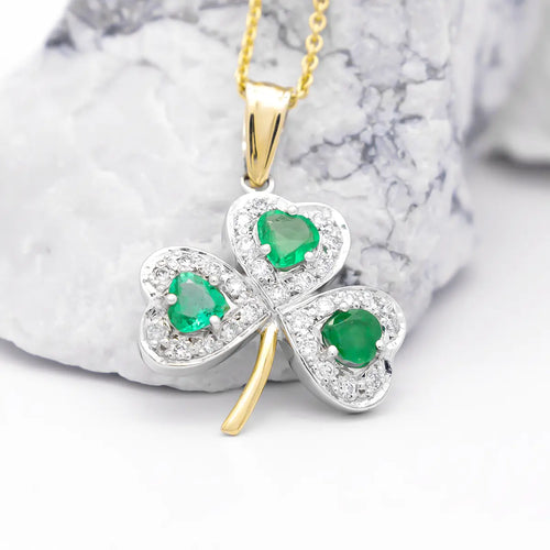 Gold Heartshaped Emerald And Diamond Shamrock Pendant