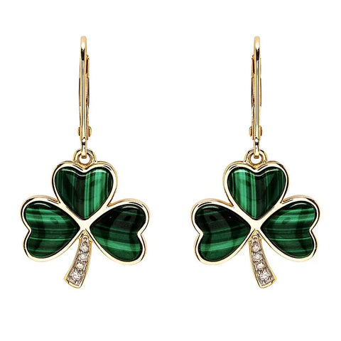 Gold Shamrock Earrings with Lab-Diamonds and Malachite