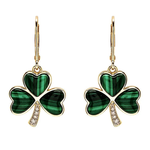 Gold Shamrock Earrings with Lab-Diamonds and Malachite