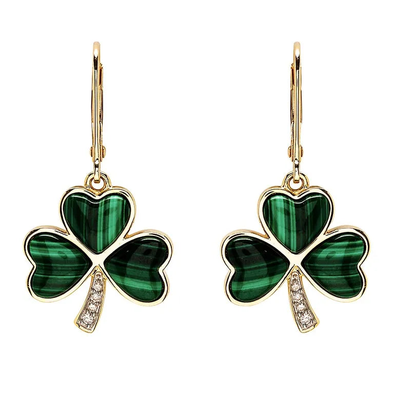 Gold Shamrock Earrings with Lab-Diamonds and Malachite