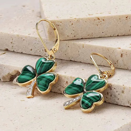 Gold Shamrock Earrings with Lab-Diamonds and Malachite