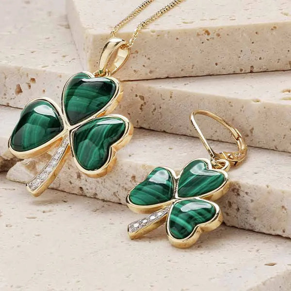 Gold Shamrock Earrings with Lab-Diamonds and Malachite