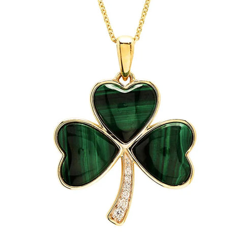 Large Gold Shamrock Pendant with Lab-Diamonds and Malachite