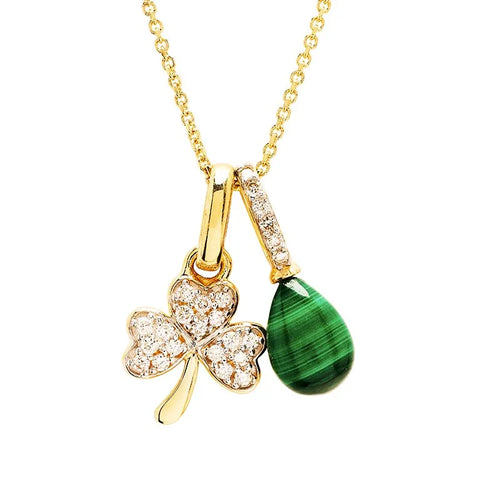 Gold Shamrock Necklace with Lab-Diamonds and Malachite