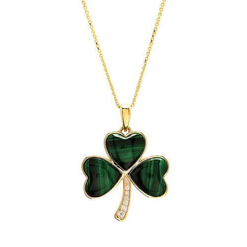 Large Gold Shamrock Pendant with Lab-Diamonds and Malachite
