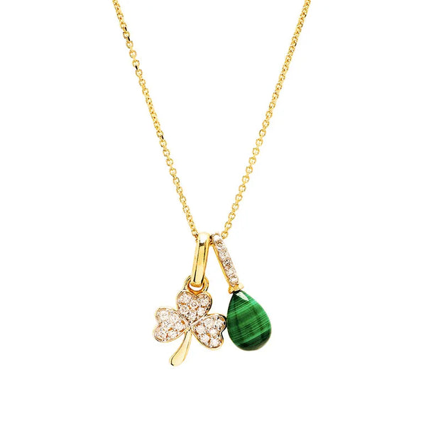 Gold Shamrock Necklace with Lab-Diamonds and Malachite