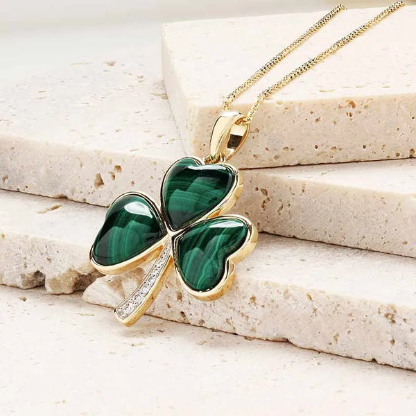 Large Gold Shamrock Pendant with Lab-Diamonds and Malachite