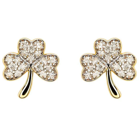 Gold Shamrock Stud Earrings With Lab-Diamonds