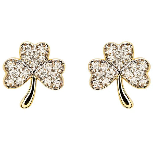 Gold Shamrock Stud Earrings With Lab-Diamonds