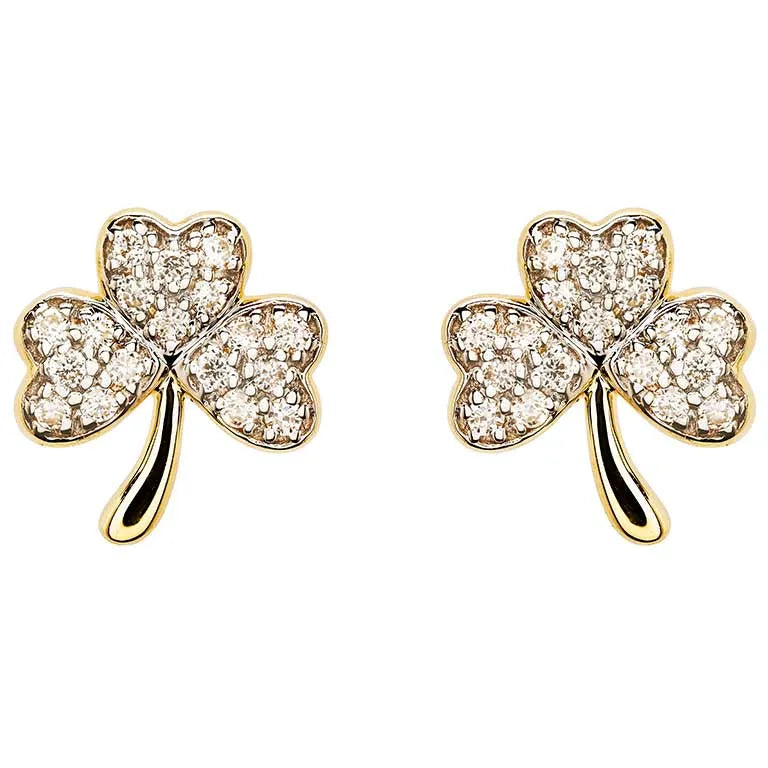 Gold Shamrock Stud Earrings With Lab-Diamonds