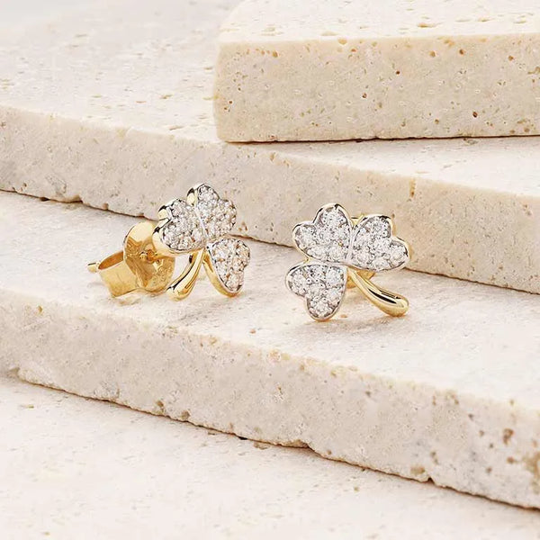 Gold Shamrock Stud Earrings With Lab-Diamonds