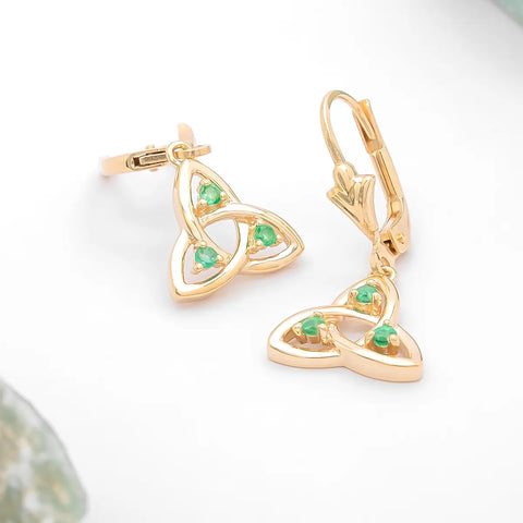 Gold Trinity Knot Drop Earrings With Emeralds