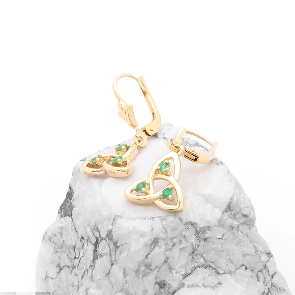 Gold Trinity Knot Drop Earrings With Emeralds