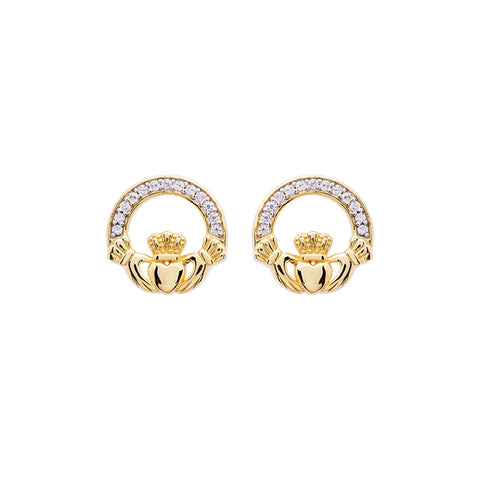 Gold Vermeil Claddagh Stud Earrings with Cubic Zirconia