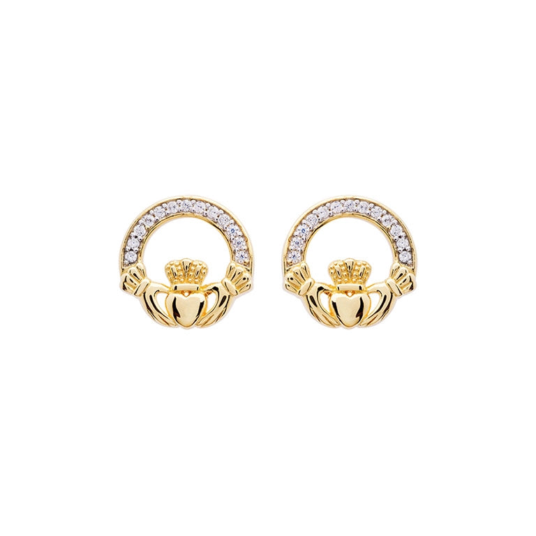 Gold Vermeil Claddagh Stud Earrings with Cubic Zirconia