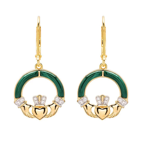 Gold Vermeil Malachite Claddagh Drop Earrings
