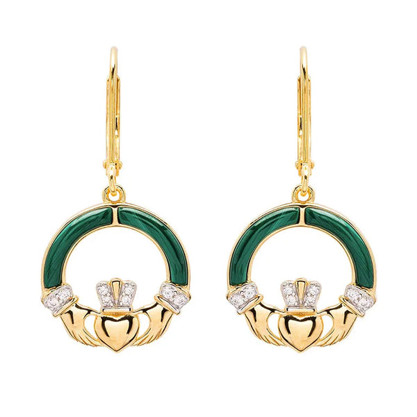 Gold Vermeil Malachite Claddagh Drop Earrings