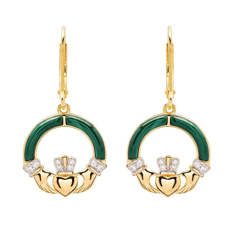 Gold Vermeil Malachite Claddagh Drop Earrings