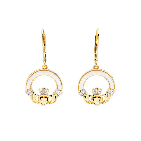 Gold Vermeil Mother of Pearl Claddagh Drop Earrings