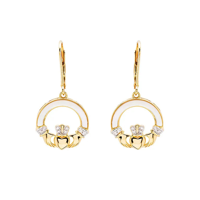 Gold Vermeil Mother of Pearl Claddagh Drop Earrings