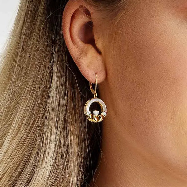 Gold Vermeil Mother of Pearl Claddagh Drop Earrings