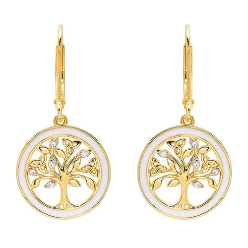 Gold Vermeil Tree of Life Earrings with Cubic Zirconia Crystals & White Enamel