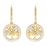 Gold Vermeil Tree of Life Earrings with Cubic Zirconia Crystals & White Enamel
