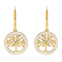 Gold Vermeil Tree of Life Earrings with Cubic Zirconia Crystals & White Enamel