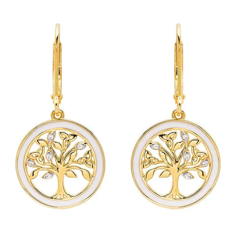 Gold Vermeil Tree of Life Earrings with Cubic Zirconia Crystals & White Enamel