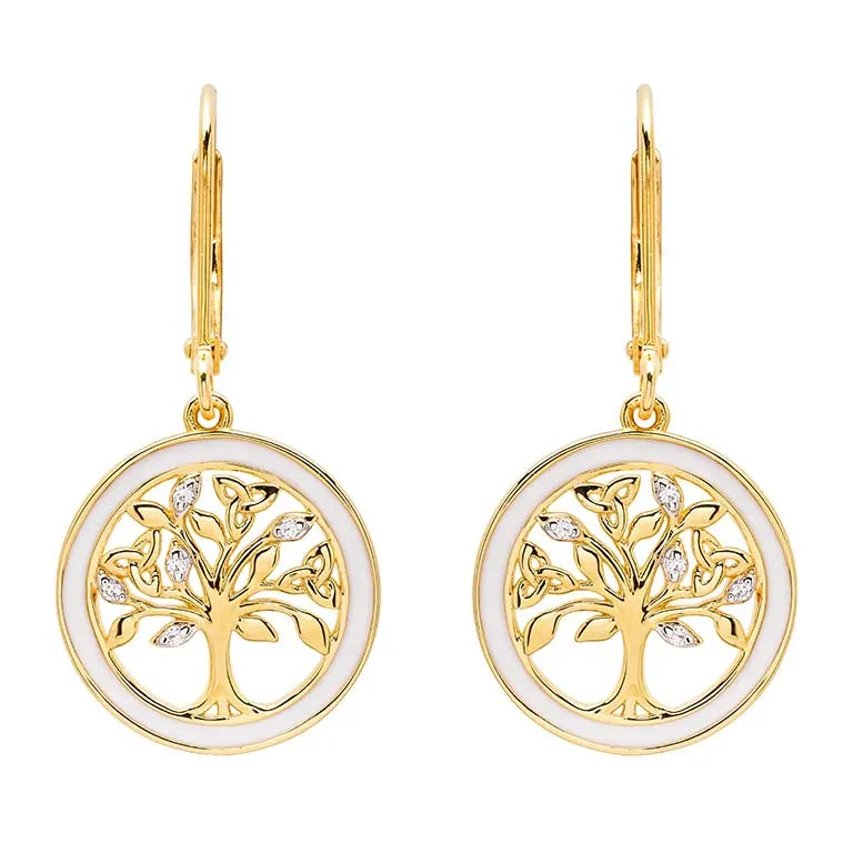 Gold Vermeil Tree of Life Earrings with Cubic Zirconia Crystals & White Enamel