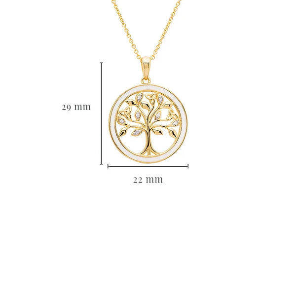 Gold Vermeil Tree of Life Necklace with Cubic Zirconia Crystals & White Enamel