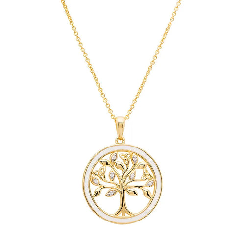 Gold Vermeil Tree of Life Necklace with Cubic Zirconia Crystals & White Enamel