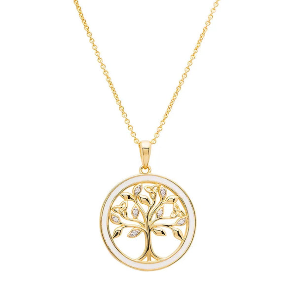 Gold Vermeil Tree of Life Necklace with Cubic Zirconia Crystals & White Enamel