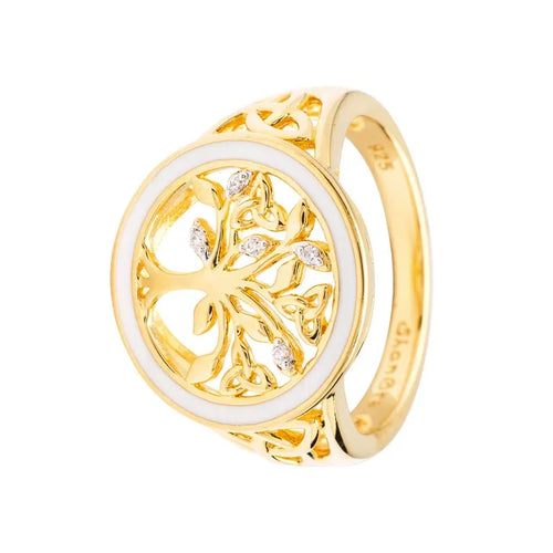 Gold Vermeil Tree of Life Ring with Cubic Zirconia Crystals & White Enamel