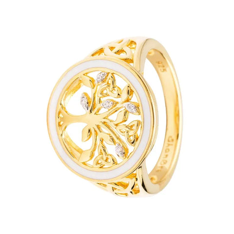 Gold Vermeil Tree of Life Ring with Cubic Zirconia Crystals & White Enamel