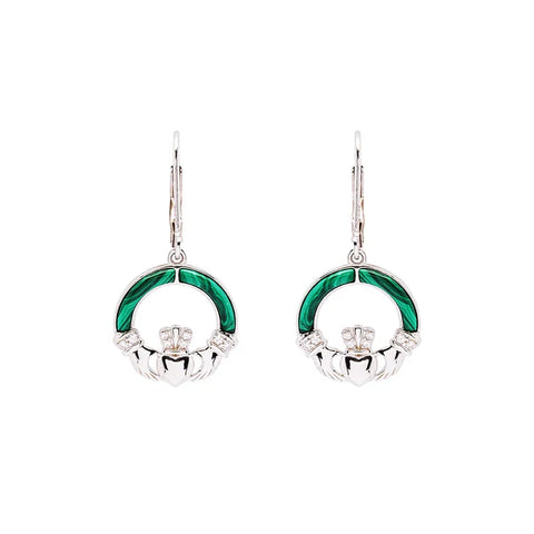 Green Malachite Sterling Silver Claddagh Earrings