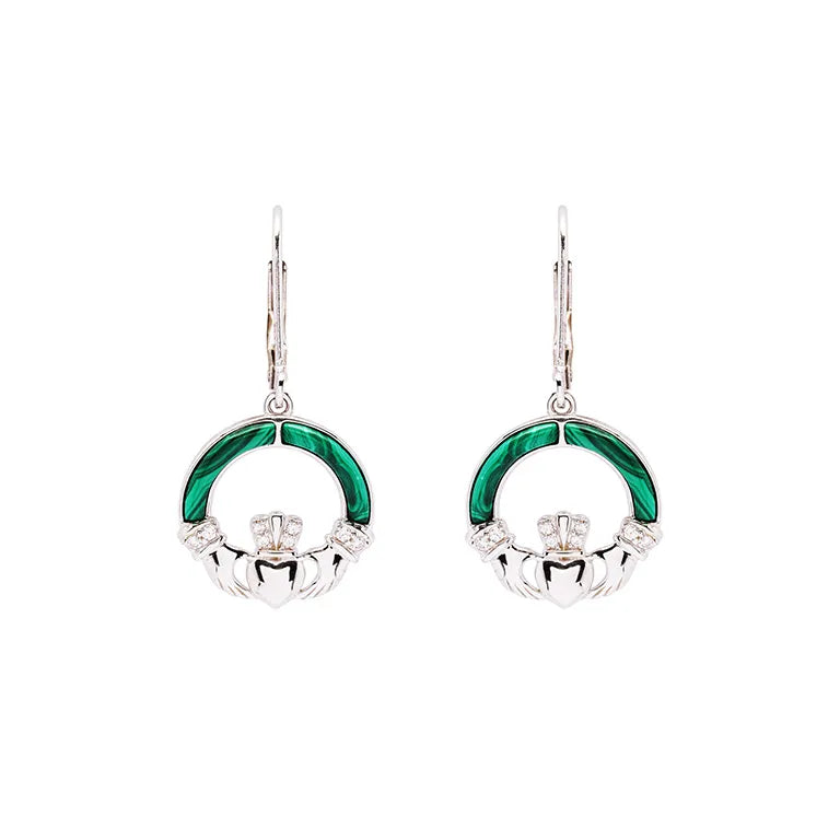 Green Malachite Sterling Silver Claddagh Earrings