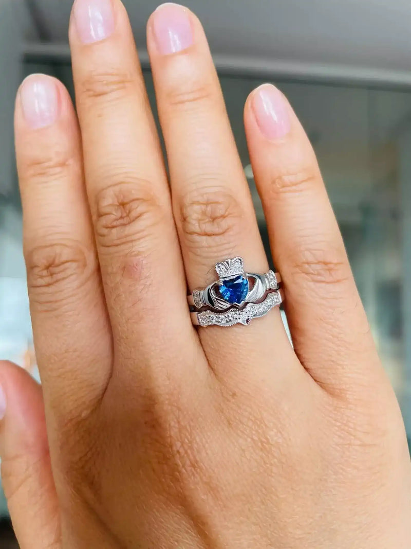 Claddagh Wedding Ring Set Adorned With Heartshaped Gemstone And Diamonds