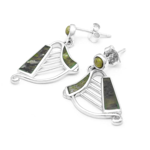Connemara Marble Sterling Silver Irish Harp Earrings