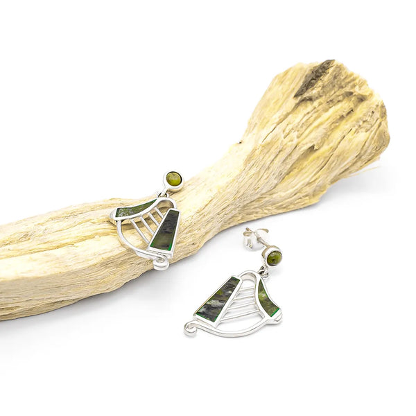 Connemara Marble Sterling Silver Irish Harp Earrings