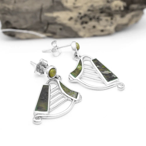 Connemara Marble Sterling Silver Irish Harp Earrings