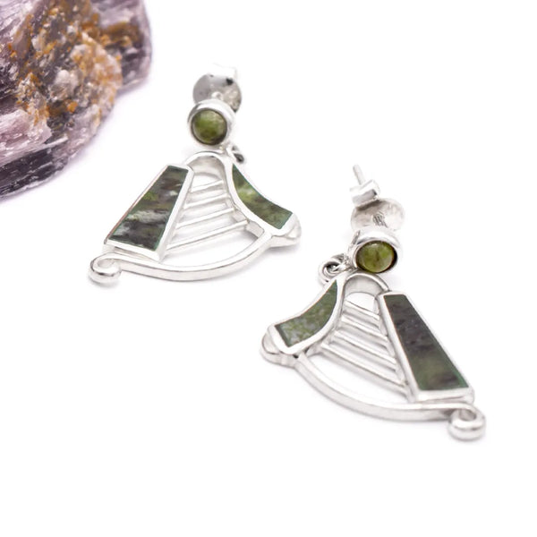 Connemara Marble Sterling Silver Irish Harp Earrings