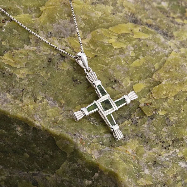 Sterling Silver St Brigids Cross Pendant Set With Connemara Marble