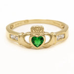 Ladies Gold Claddagh Ring With Created Emerald