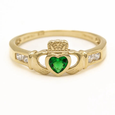 Ladies Gold Claddagh Ring With Created Emerald