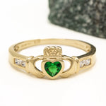 Ladies Gold Claddagh Ring With Created Emerald