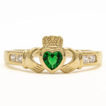 Ladies Gold Claddagh Ring With Created Emerald