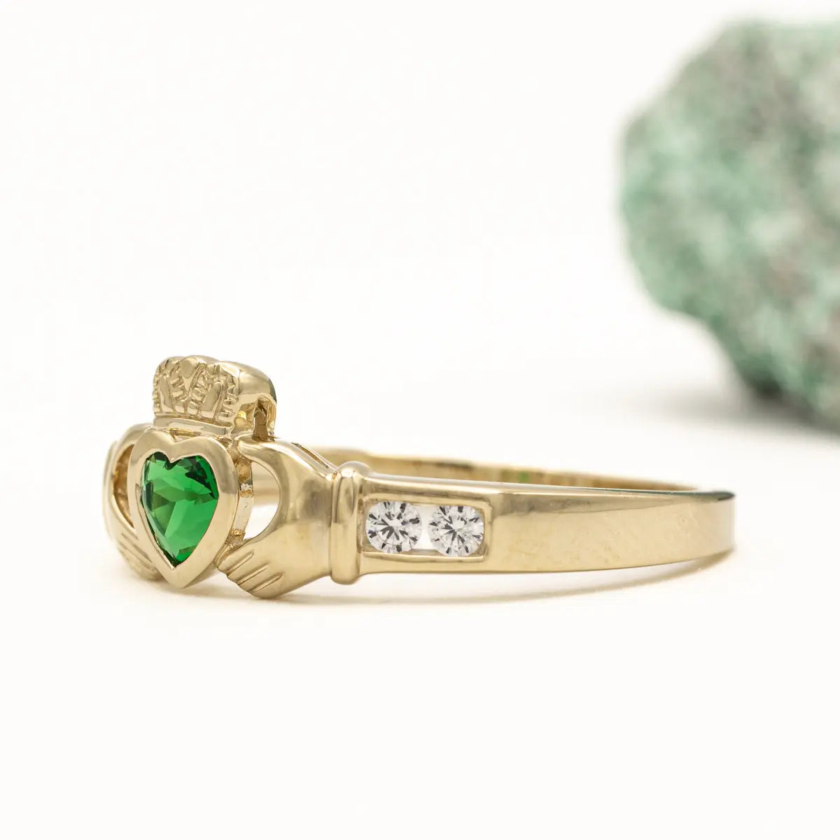 Ladies Gold Claddagh Ring With Created Emerald – view 4